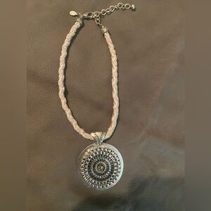 Chicos Braided Light grey Cord Necklace with Silver Medallion Pendant